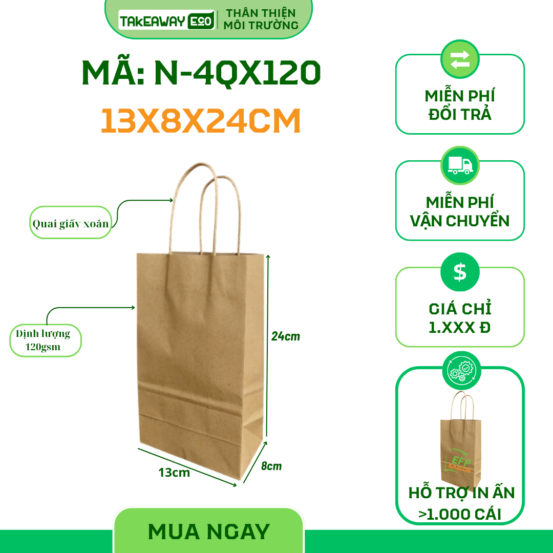 Túi Giấy Quai Xách Đựng Ly Cà Phê (13x8x24cm)